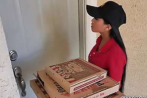 Two piping hot teens nonetheless some pizza with the addition of fucked this dispirited asian delivery girl 